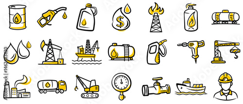 Oil Industry Icons in Bright Yellow and Black Style  