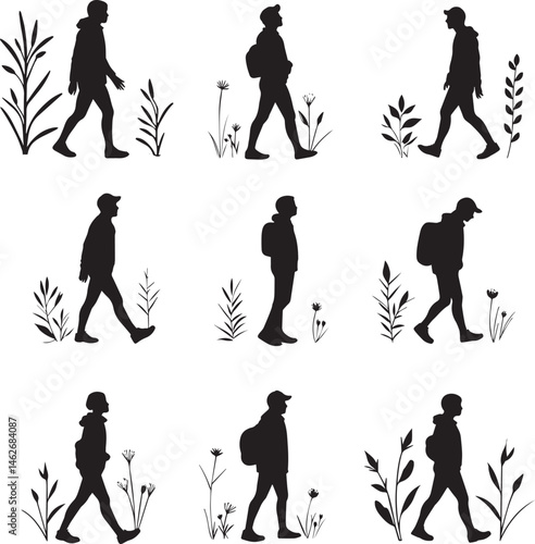 Solitary figure walking through trees in vector illustration.
