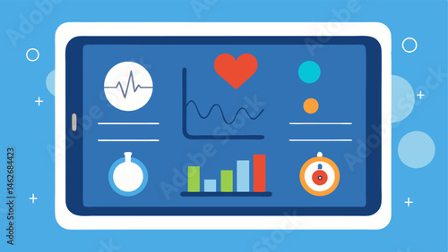 Health Metrics Dashboard A digital dashboard on a touchscreen device showcasing various health metrics such as pulse rate pressure and MRI scan results with visually appealing
