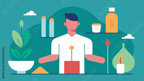 Holistic Health Corner An area dedicated to holistic treatments showcasing acupuncture herbal remedies and aromatherapy with a practitioner guiding clients through therapies.