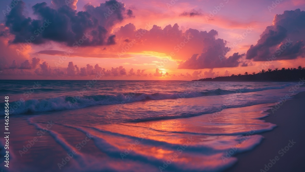 Fototapeta premium Sunset at a tropical beach with clouds and sea