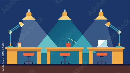 The desk is welllit with bright overhead lights and a row of desk lamps that can be adjusted for optimal visibility.