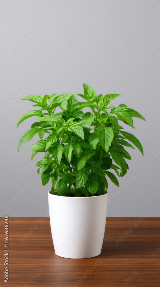 A vibrant basil plant in a simple white pot sits atop a sleek wooden table against a solid grey backdrop, captu the essence of fresh herbs indoors. A vibrant basil plant in a simple white pot sits atop a sleek wooden table against a solid grey backdrop, captu the essence of fresh herbs indoors.