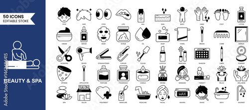 Beauty and Spa editable icon set in duotone style. A set of outline icons related to spa treatments, massage, skin care, wellness, therapy and more. Vector illustration