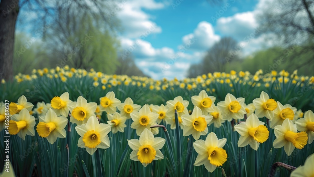 Obraz premium Sunlit yellow daffodil field