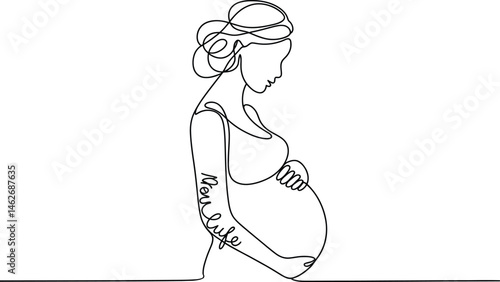 Motherhood Line Art: A minimalist line drawing of a pregnant woman, her hands gently cradling her baby bump, conveying serenity and anticipation.