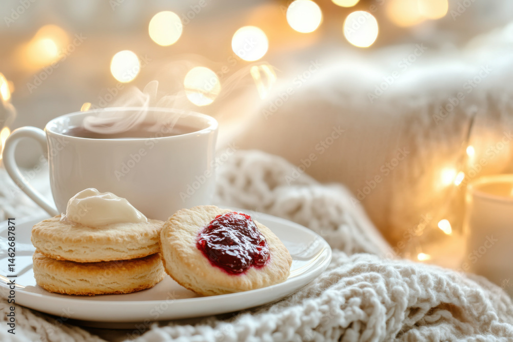 Warm beverage, biscuits, and soft blanket create cozy winter scene Warm beverage, biscuits, and soft blanket create cozy winter scene