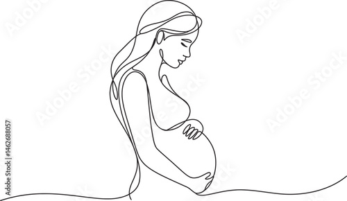 Contemplative Silhouette: a minimalistic single-line depiction of an expecting mother, her silhouette capturing a moment of tender anticipation and a celebration of life's journey.