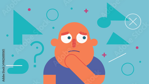 Math Mayhem A whimsical figure with a frown and a hand on their chin symbolizing deep thought. The background is filled with chaotic equations and geometric shapes with arrows