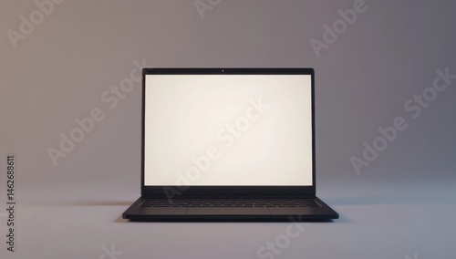 A black laptop computer, front view, with blank screen, sits on a plain neutral background