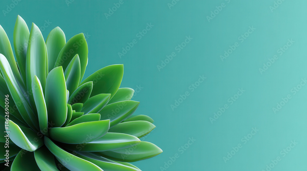 Obraz premium A vibrant green succulent plant showcases its elegant rosette shape against a serene, minimalist turquoise background, creating a peaceful and natural aesthetic.