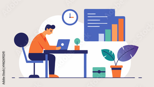Office Worker A professional individual sits at a sleek desk in a modern office leaning forward with a large magnifying glass in hand intently focused on a huge printout of a