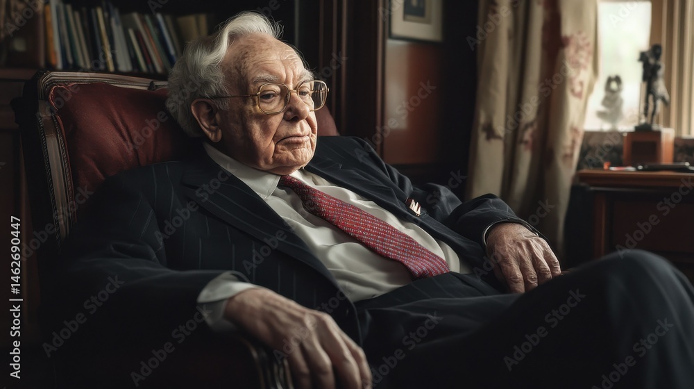 Thoughtful Senior Gentleman in Suit Warren Buffett Insightful Investor Portrait Sitting Leadership Thoughtful Senior Gentleman in Suit Warren Buffett Insightful Investor Portrait Sitting Leadership