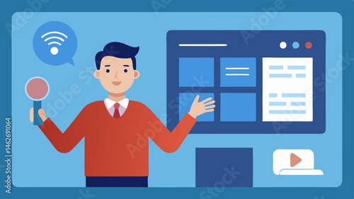 Interactive News Panel A journalist presenting news on an interactive touchscreen display where accessibility features are highlighted like adjustable fonts and voice control.