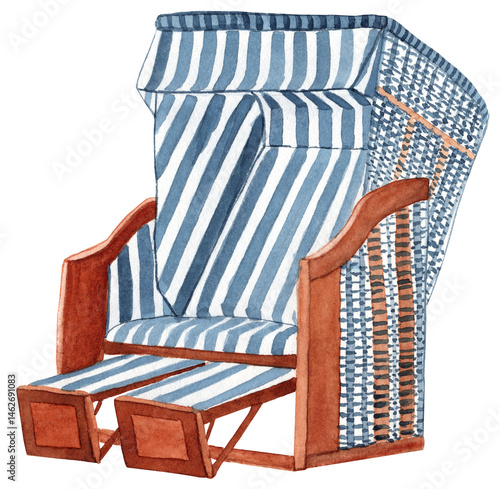 A watercolor illustration of a traditional German beach chair, known as a 