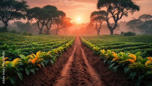 Sundown illuminating the coffee plantation terrain