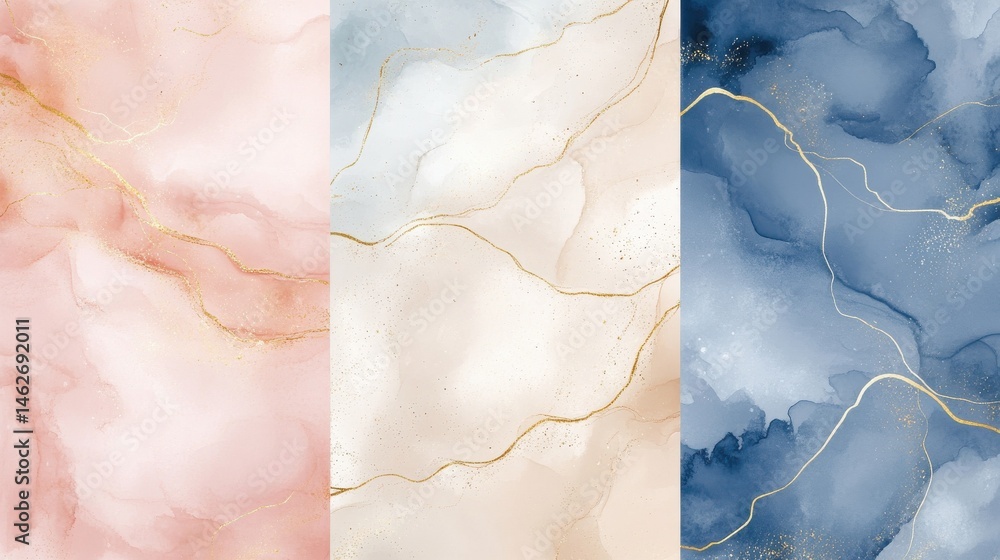 Naklejka premium Watercolor art background vector. Wallpaper design with paint brush and gold line art. Earth tone blue, pink, ivory, beige watercolor Illustration for prints, wall art, cover and invitation cards. il
