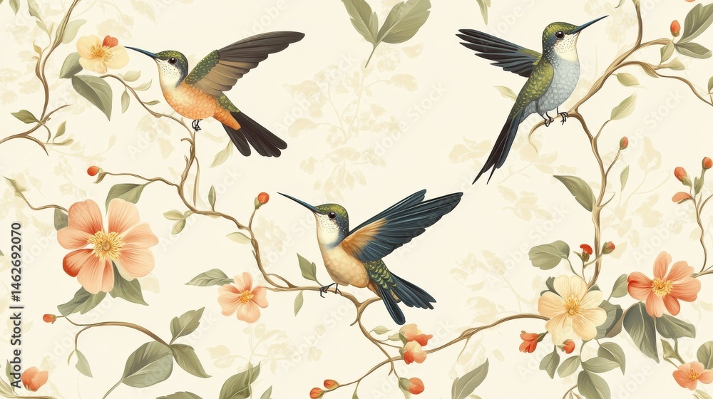 Fototapeta premium Seamless pattern with hummingbirds, flowers and vines on a cream background.