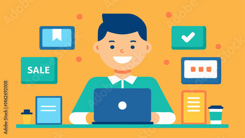 Gadget Excitement A cheerful person sitting at a desk surrounded by multiple screens displaying sale banners with a huge smile as they click buy on a new tablet.