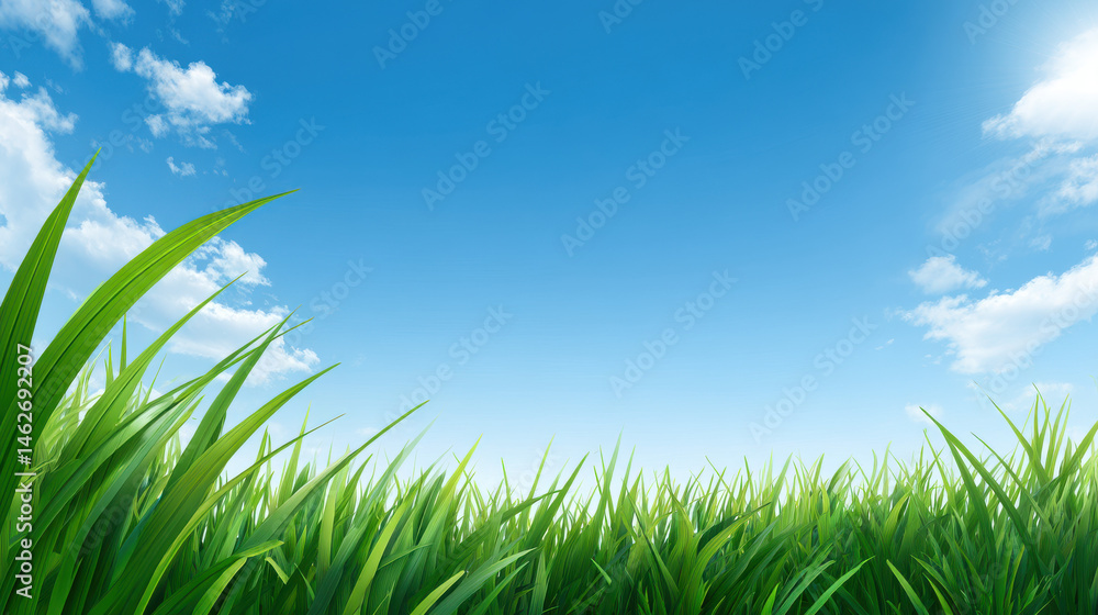 Fototapeta premium Lush green grass blades sway gently under a bright blue sky dotted with fluffy white clouds on a sunny day, creating a vibrant and peaceful natural scene.