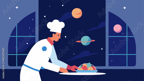 Plating a Dish The chef concentrates as he elegantly plates a gourmet dish on a sleek futuristic dining table. The plate features a beautifully arranged meal with vibrant colors