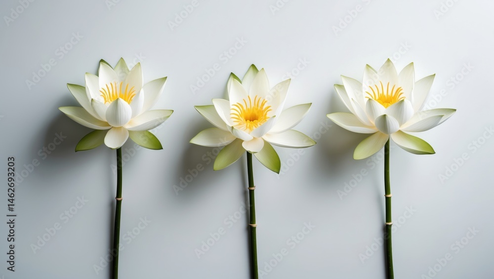 Obraz premium Pure white lotus flowers featuring long stems against a plain backdrop
