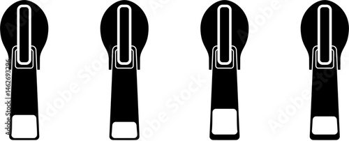 Vector illustration of various black zipper silhouettes, including pulls, sliders, and teeth designs. Ideal for fashion, tailoring, sewing, and garment concepts. Vector illustration