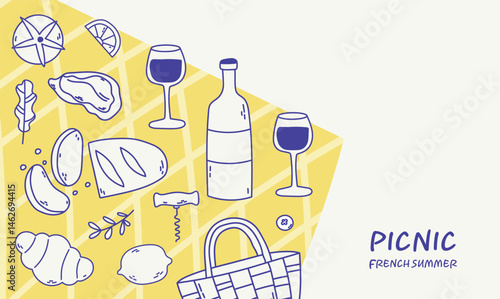 Minimal doodle composition showing picnic lifestyle and food elements. Perfect for headers, social media, and editorial use.