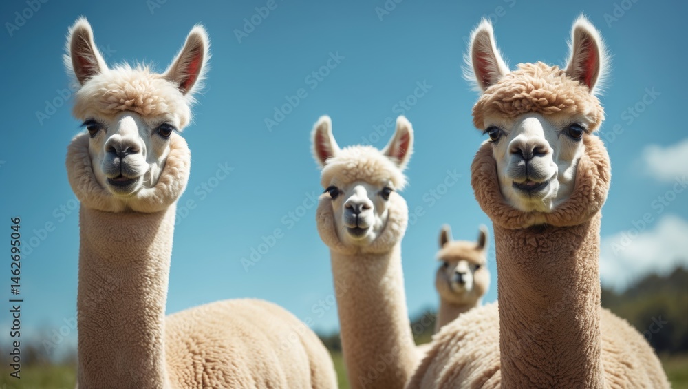 Obraz premium Cute alpaca herd roaming in a scenic countryside meadow with soft wool and white fur