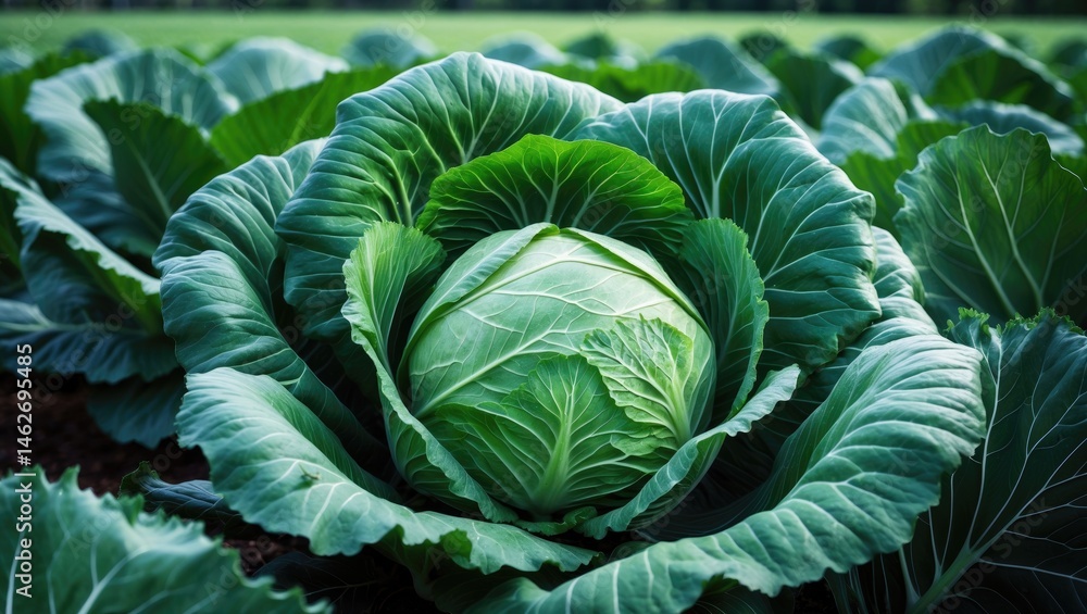 Fototapeta premium Close-up of a large organic cabbage grown in a garden during spring or summer