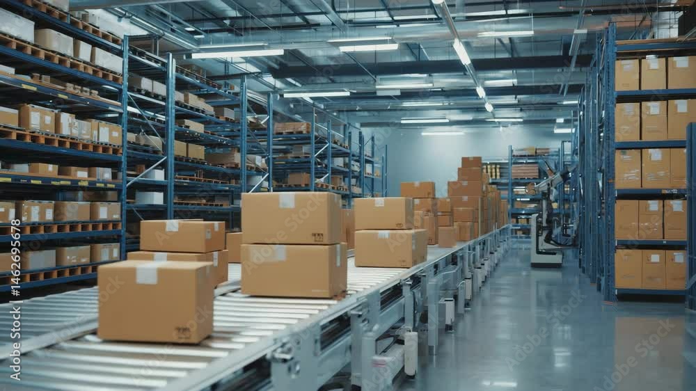 Cardboard boxes moving on a conveyor belt inside a warehouse Stock ビデオ ...