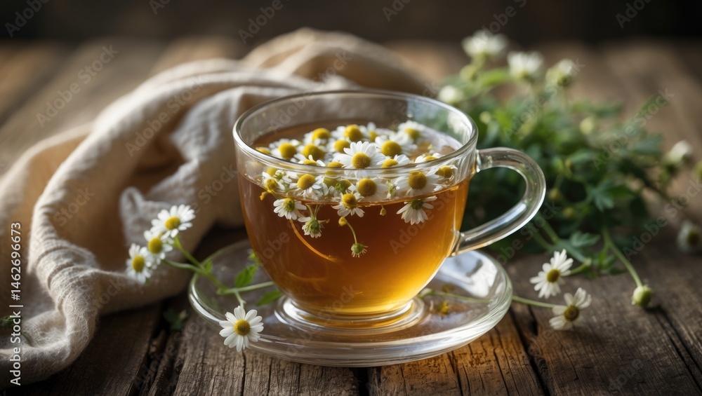 Herbal chamomile tea served in a glass cup on a table with a dish towel, highlighting health and natural wellness. Herbal chamomile tea served in a glass cup on a table with a dish towel, highlighting health and natural wellness.