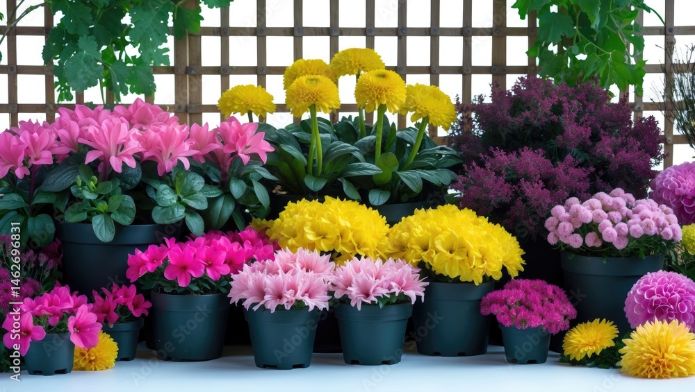 Obraz premium Bright garden and balcony plant arrangements featuring cyclamen, ornamental cabbage, heather, and chrysanthemums against a white background