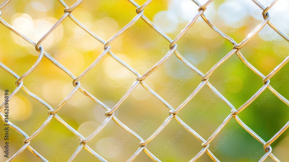 Fototapeta premium Chain link fence texture diamond pattern metal wire green yellow bokeh background