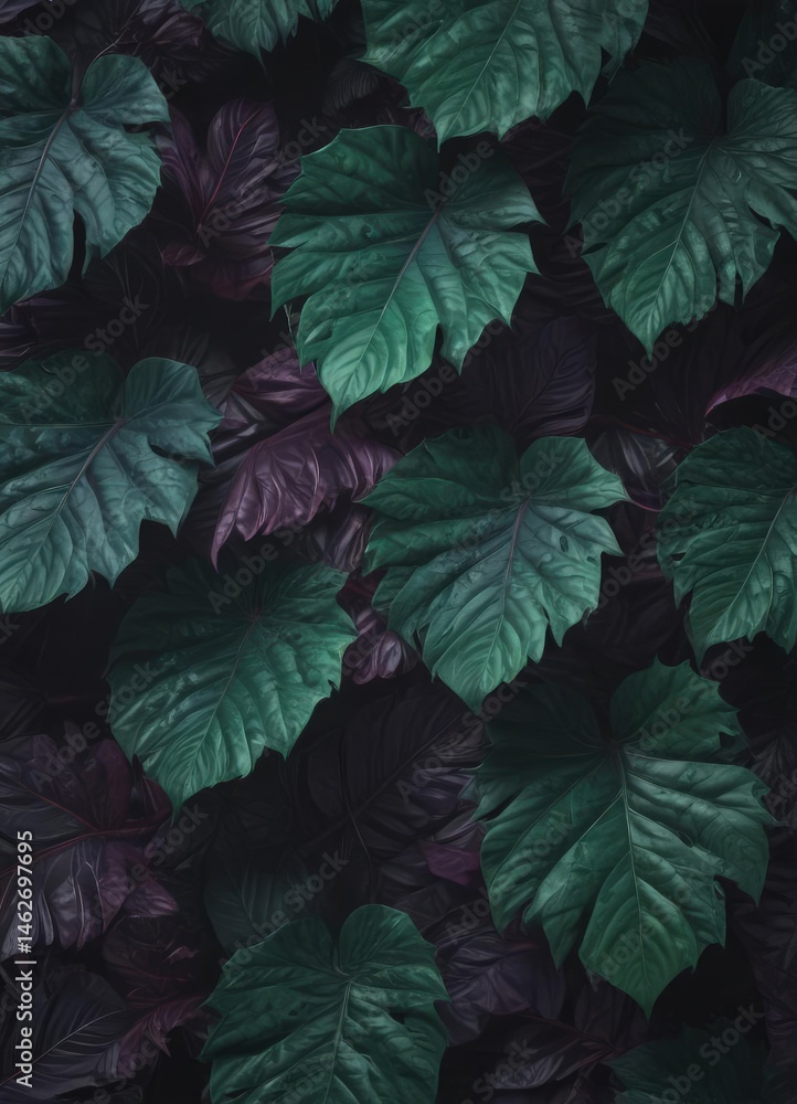Fototapeta premium Deep purple and emerald green exotic leaves, mysterious, dark pattern , repeating, wallpaper