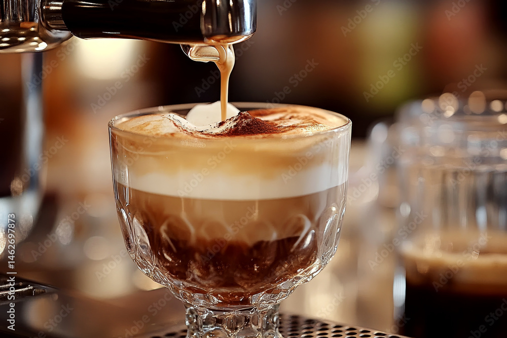 Espresso flows into a glass with frothy milk in a coffee machine. Concept of barista skill, cafe, morning routine. For coffee shop promotion or menu design.