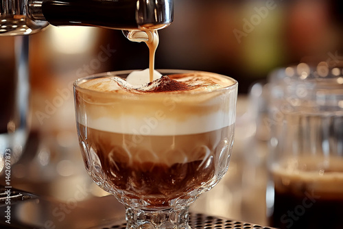 Obraz na płótnie Espresso flows into a glass with frothy milk in a coffee machine. Concept of barista skill, cafe, morning routine. For coffee shop promotion or menu design. w salonie