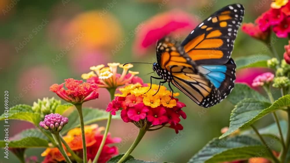 Close-up of butterfly pollinating on pink flower, A colorful butterfly on a colorful flower in green nature. Close-up of butterfly pollinating on pink flower, A colorful butterfly on a colorful flower in green nature.