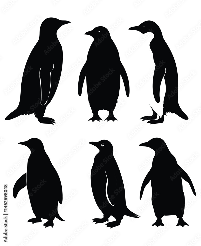 Naklejka premium Penguin Silhouettes Vector Set in Minimalist Black and White Style