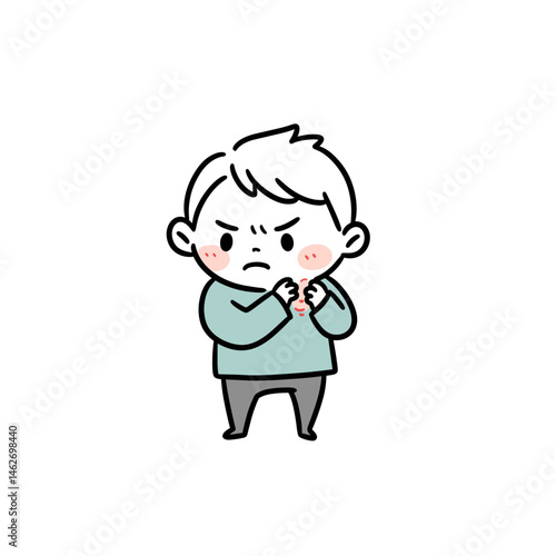 Child scratching an itchy bug bite, looking frustrated, on a white background