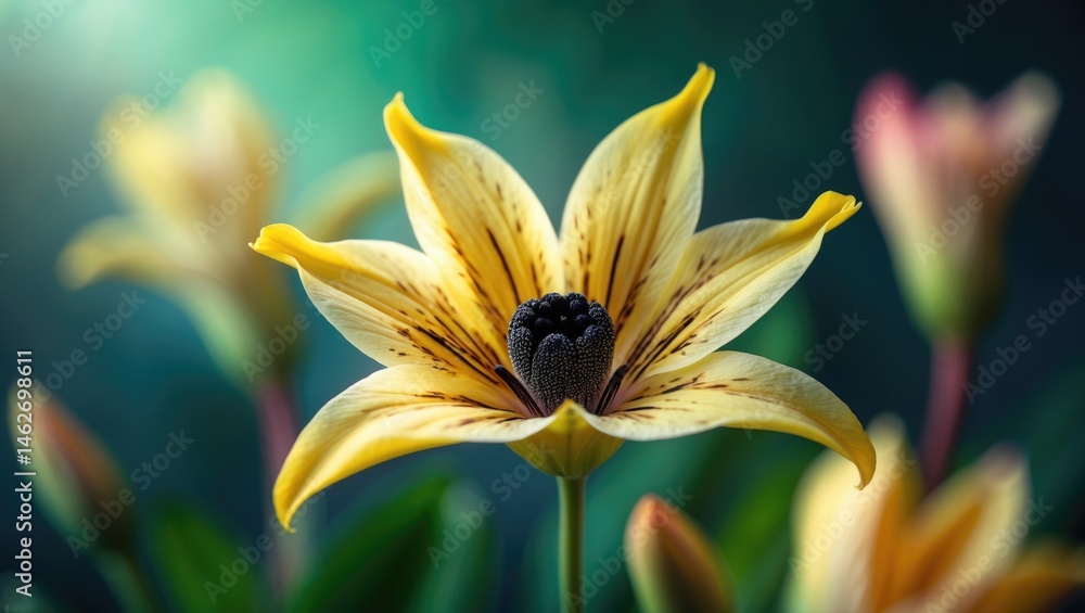 Obraz premium This flower, known for its vibrant, star-shaped blossoms, showcases bright yellow petals accented with intricate brown or orange markings at the base.