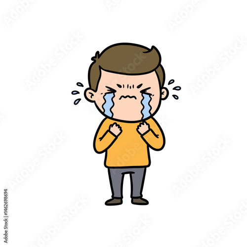 Man crying with fists clenched, expressing intense emotion and frustration, on a white background