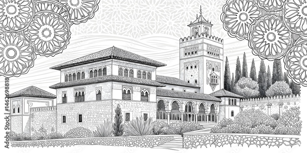 Fototapeta premium Detailed black and white illustration of Alhambra Palace in Granada, Spain, perfect for coloring books, architectural studies, travel posters, and historical depictions of Moorish architecture.