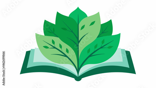 Open Leaf Book An illustration of an open book where each page is a large vibrant green leaf. The leaves have intricate patterns and are slightly curled at the edges as if they are