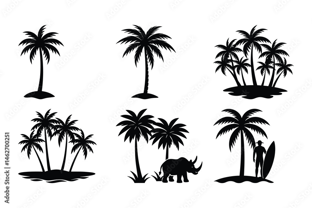 Fototapeta premium Tropical Palm Tree Silhouettes Island Paradise Illustrations