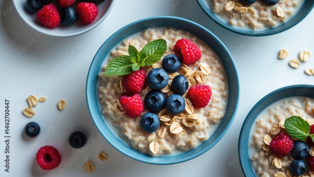 Blue bowl containing oatmeal porridge with blueberries, raspberries, and fresh mint on white backdrop Blue bowl containing oatmeal porridge with blueberries, raspberries, and fresh mint on white backdrop