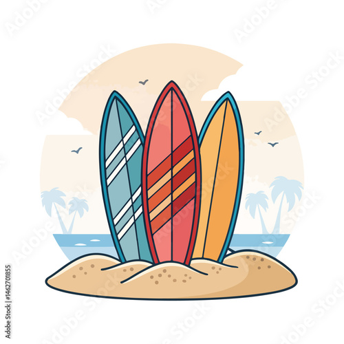 Three surfboards on a sandy beach near a lifebuoy under a light blue sky