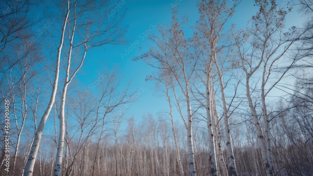 Fototapeta premium Seasonal Winter Landscape Featuring Birch Trees, Blue Sky, and Bare Branches for Artistic and Educational Projects