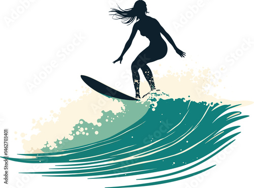 Exciting vector scene of a female surfer maneuvering a giant ocean wave, representing athleticism, tropical vibes, and coastal adventure