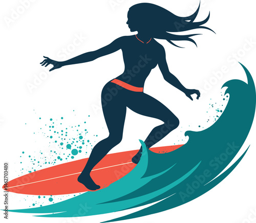 Stylish surfer girl balancing on a surfboard during an ocean adventure, illustrated with vivid colors and summery beach atmosphere
